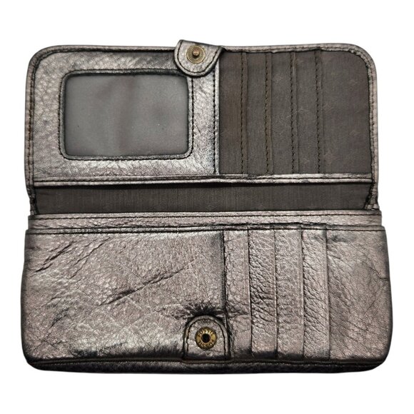 FOSSIL Gunmetal Explorer Flap Clutch Wallet Leather Bi Fold Zip Snap Cards Bills - Picture 2 of 7